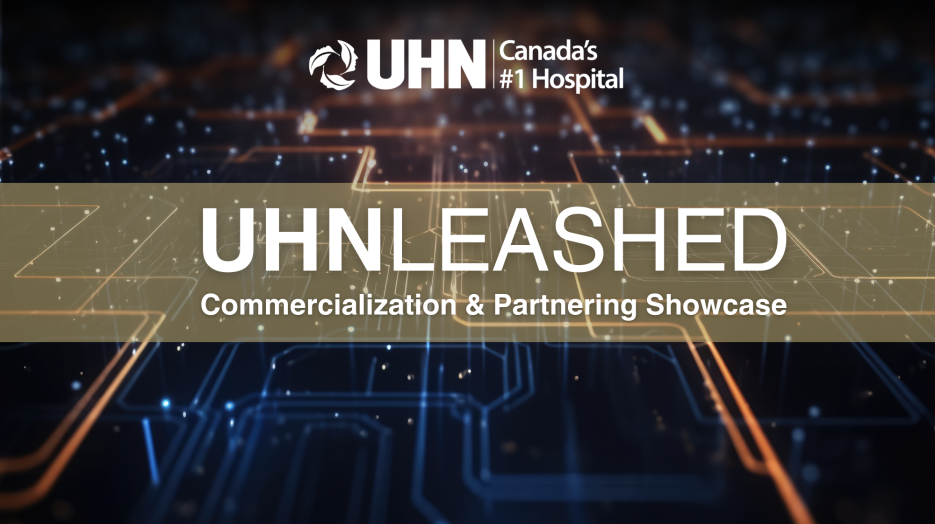 Dark background of technology themed graphics with the UHN logo and a light brown banner that says 
